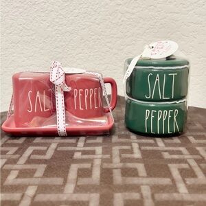 Rae Dunn red SALT & PEPPER mug shakers and green SALT & PEPPER stackers